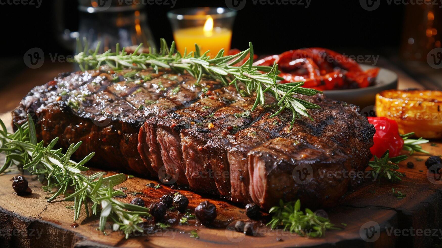 Grilled meat slice on rustic wood table ready to eat main course photo