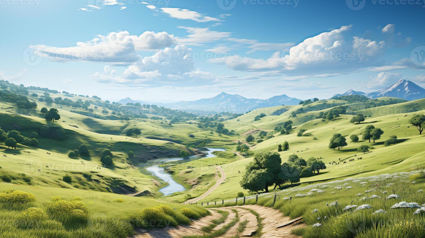 Green meadow meanders into wheat field horizon photo
