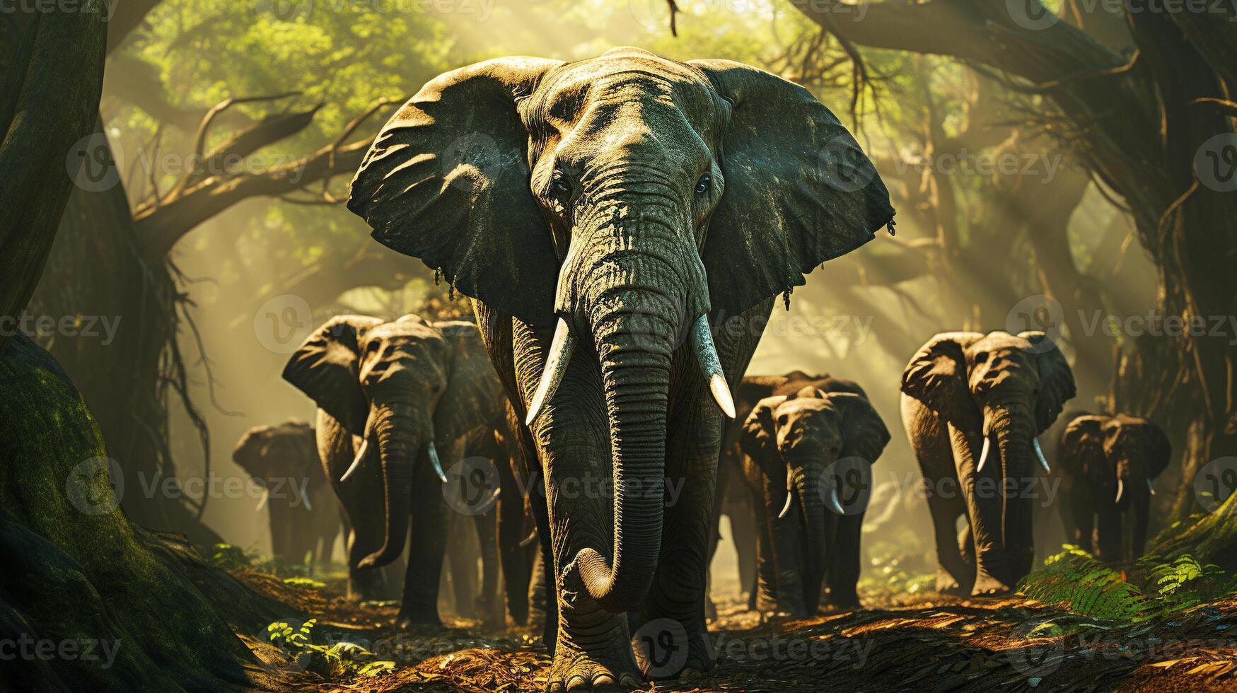 Group of elephants under the big green tree in the wilderness photo
