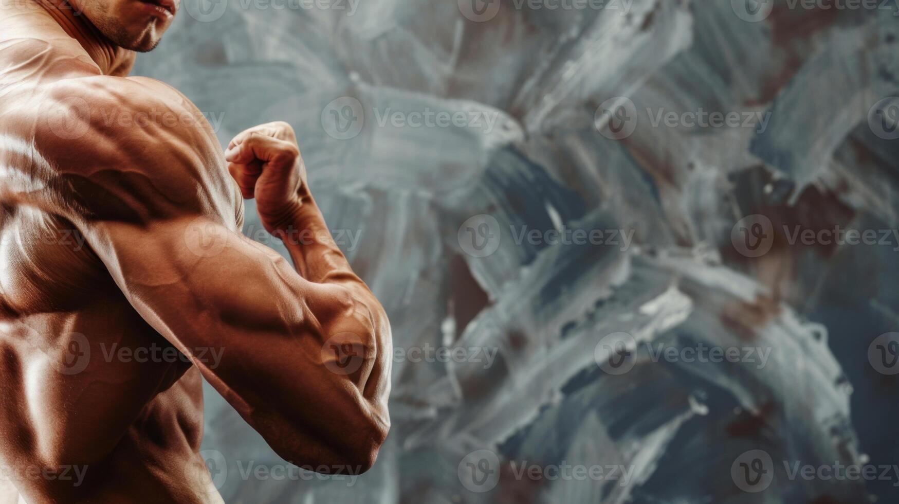 Man Flexing Muscles in Front of Painting. AI-generated photo