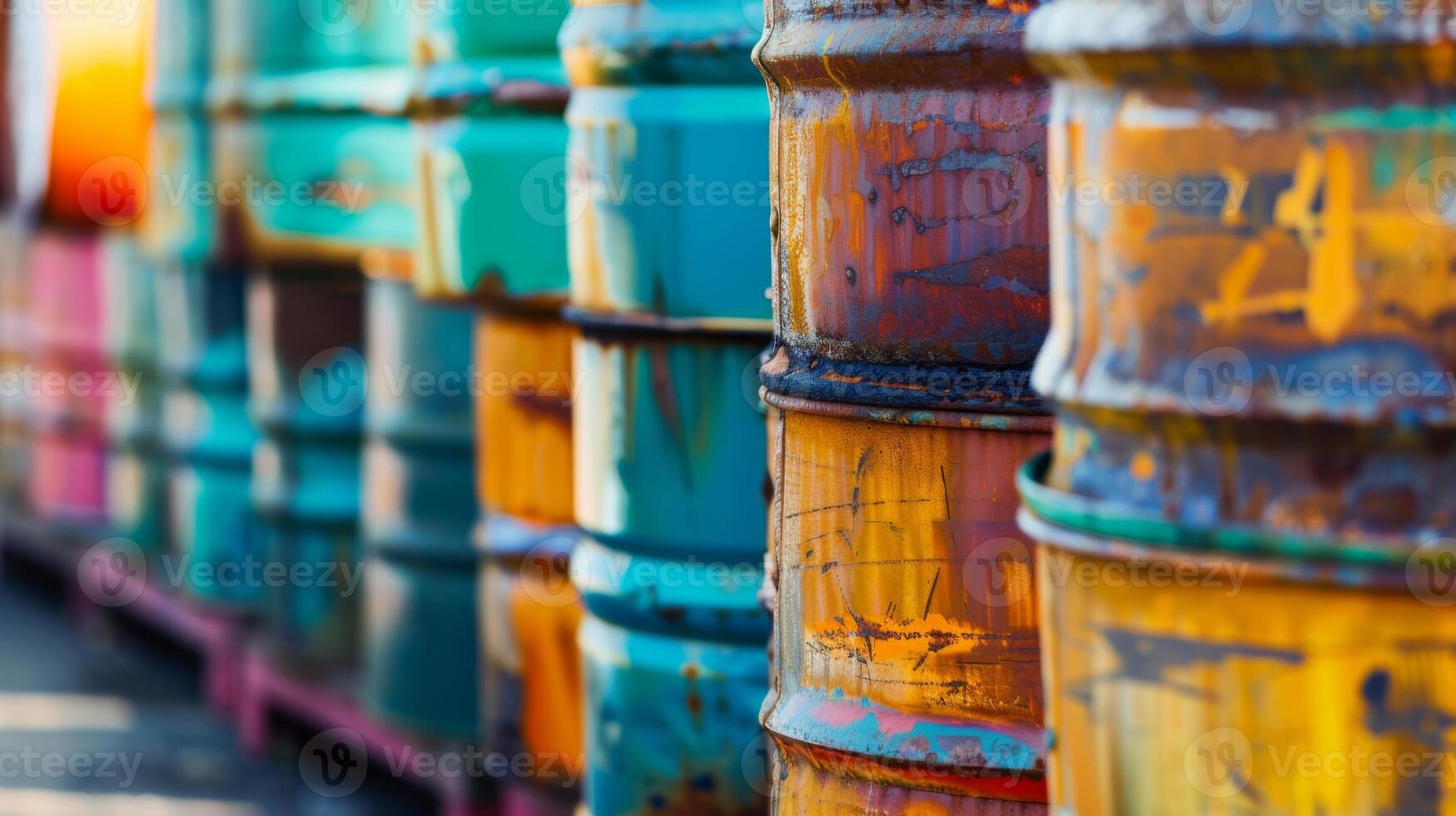Colorful Barrels Aligned in a Row. AI-generated photo
