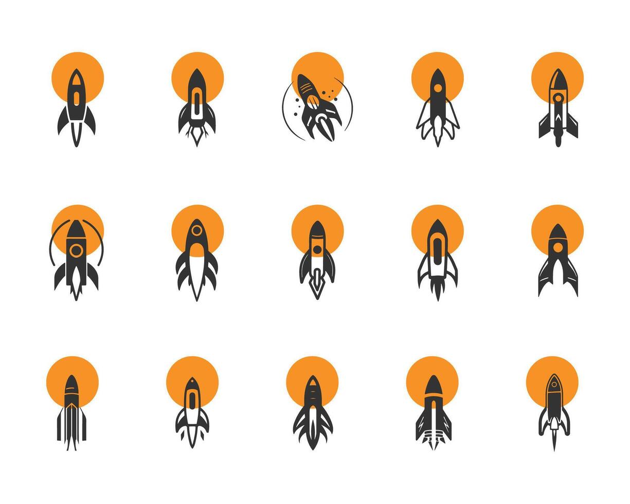 Set of Rocket Logos with Orange Circle Illustrations of Spaceship and rocket missile for space exploration and tech projects, rocket logo icons silhouette vector