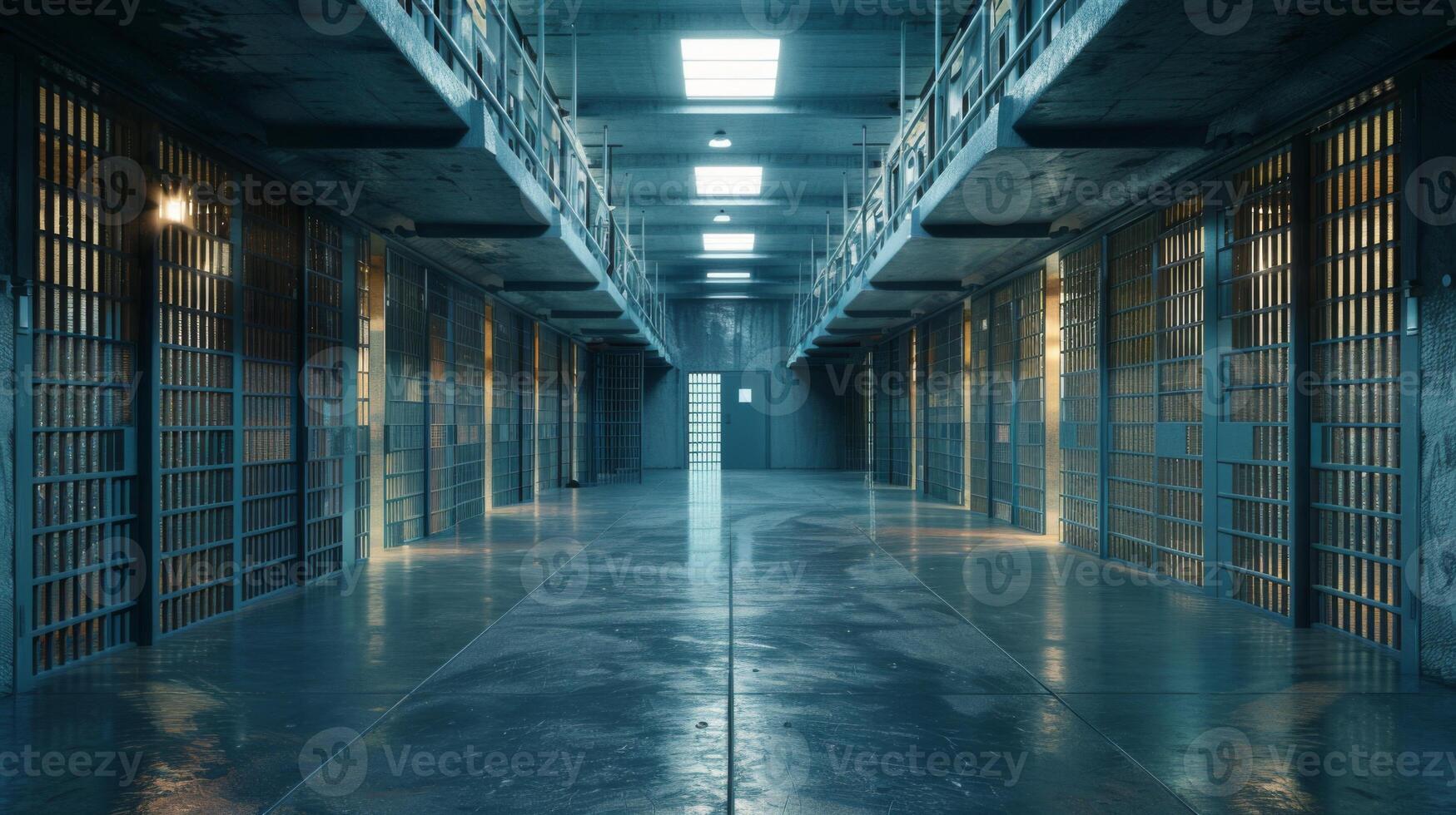 A Long Hallway With Multiple Jail Doors. AI-generated photo