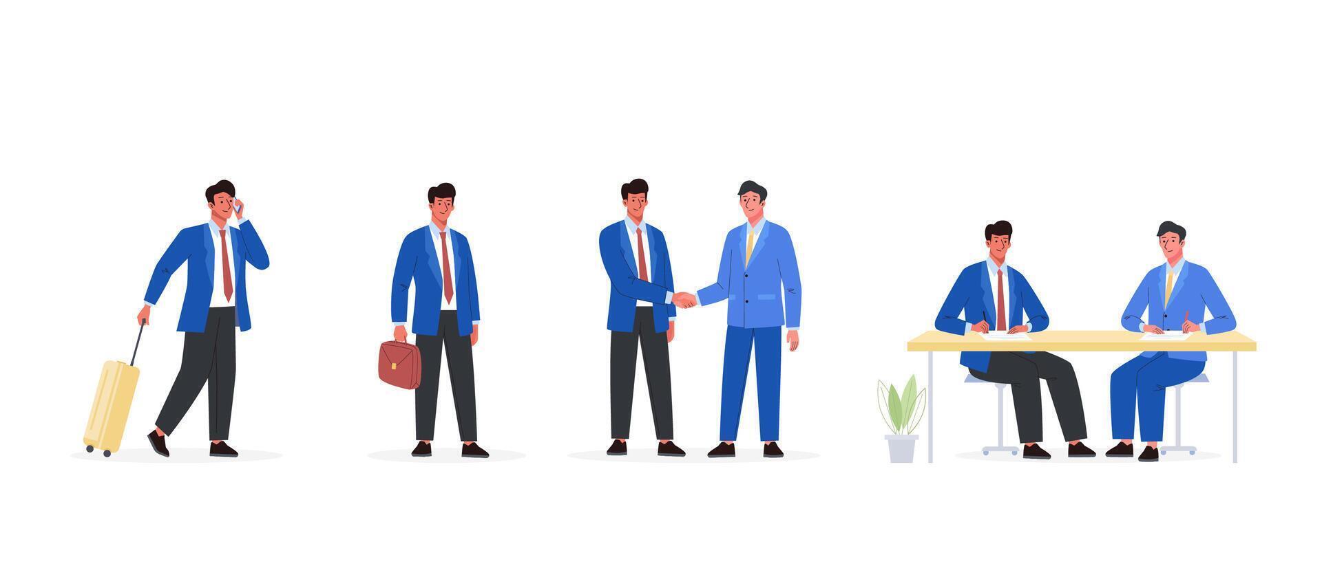 Businessman in suit having a business trip. Concept of successfully meeting, partnership, signing contracts and project cooperation agreement. Flat cartoon isolated illustration vector