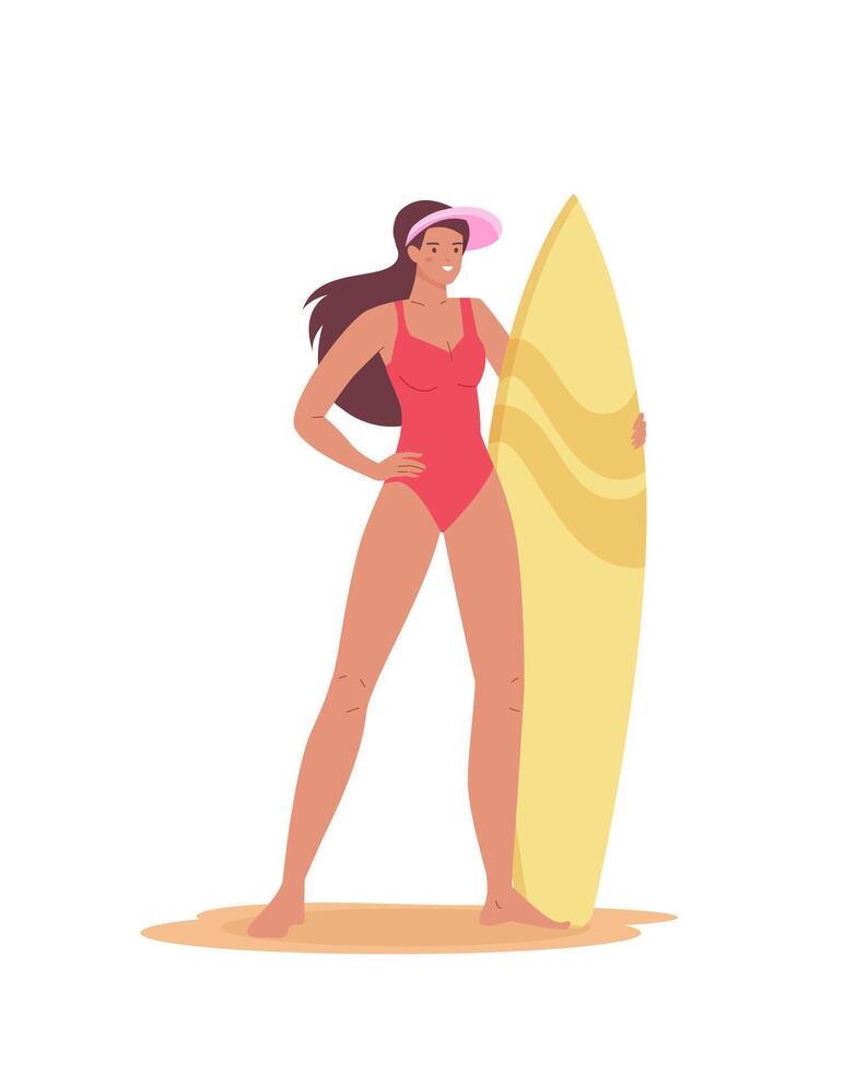 Young smiling girl standing with surfboard. Active female character in swimwear on summer recreation, sea leisure hobby. Flat illustrations on white background vector