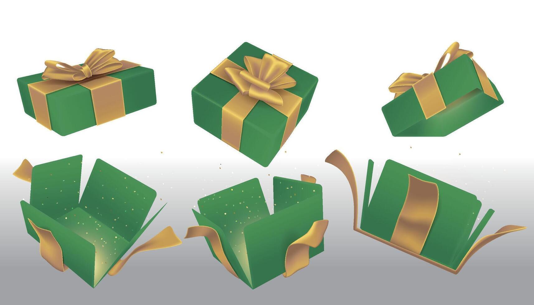 A set of opened green surprise boxes tied with gold ribbons vector