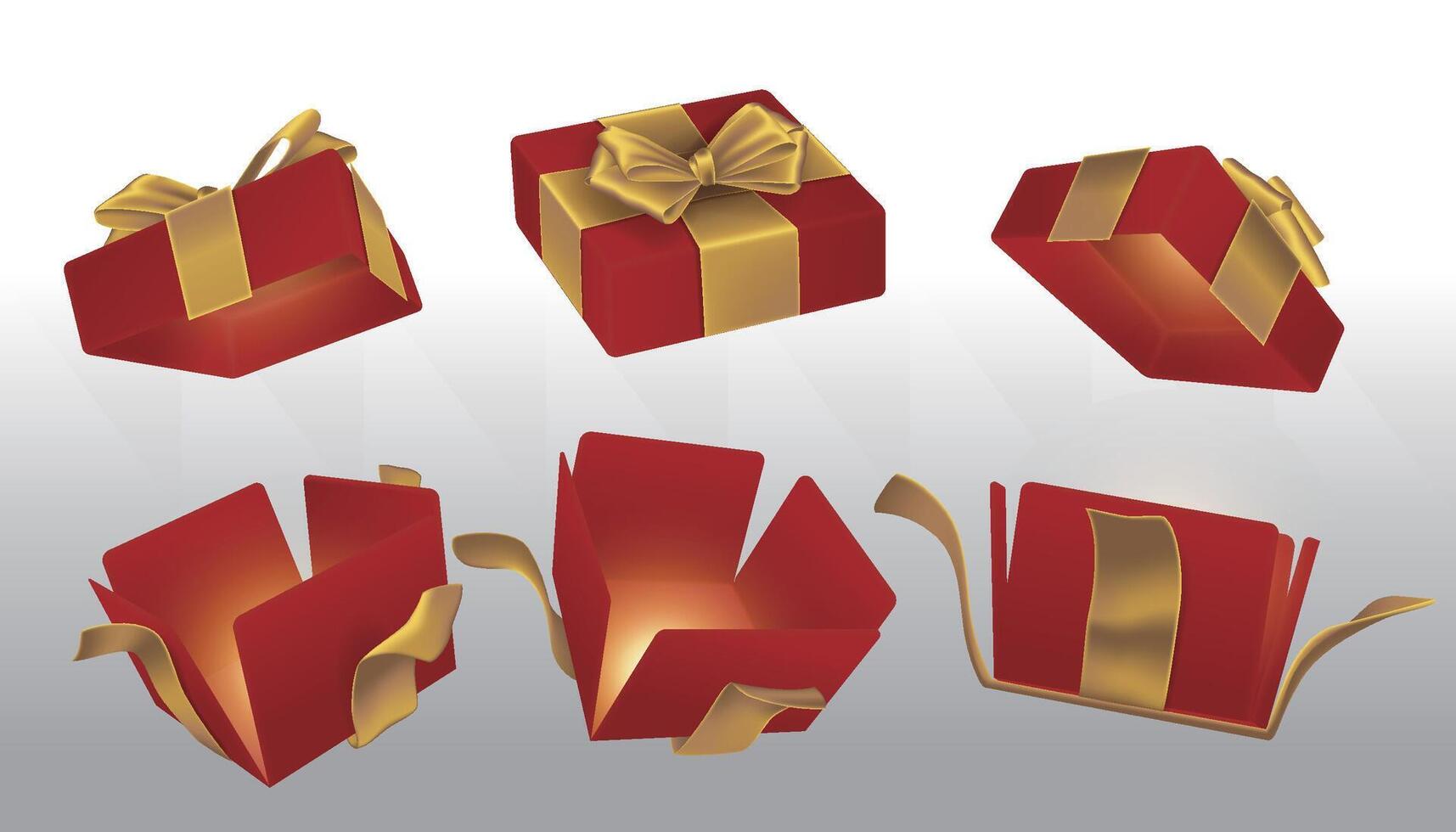 A set of opened red surprise boxes tied with gold ribbons vector