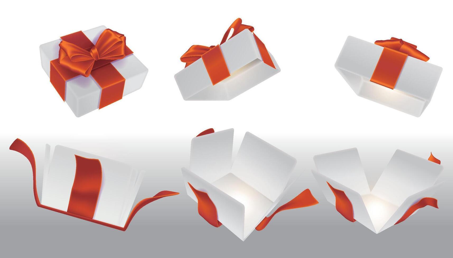 A set of open white surprise boxes tied with red ribbons vector