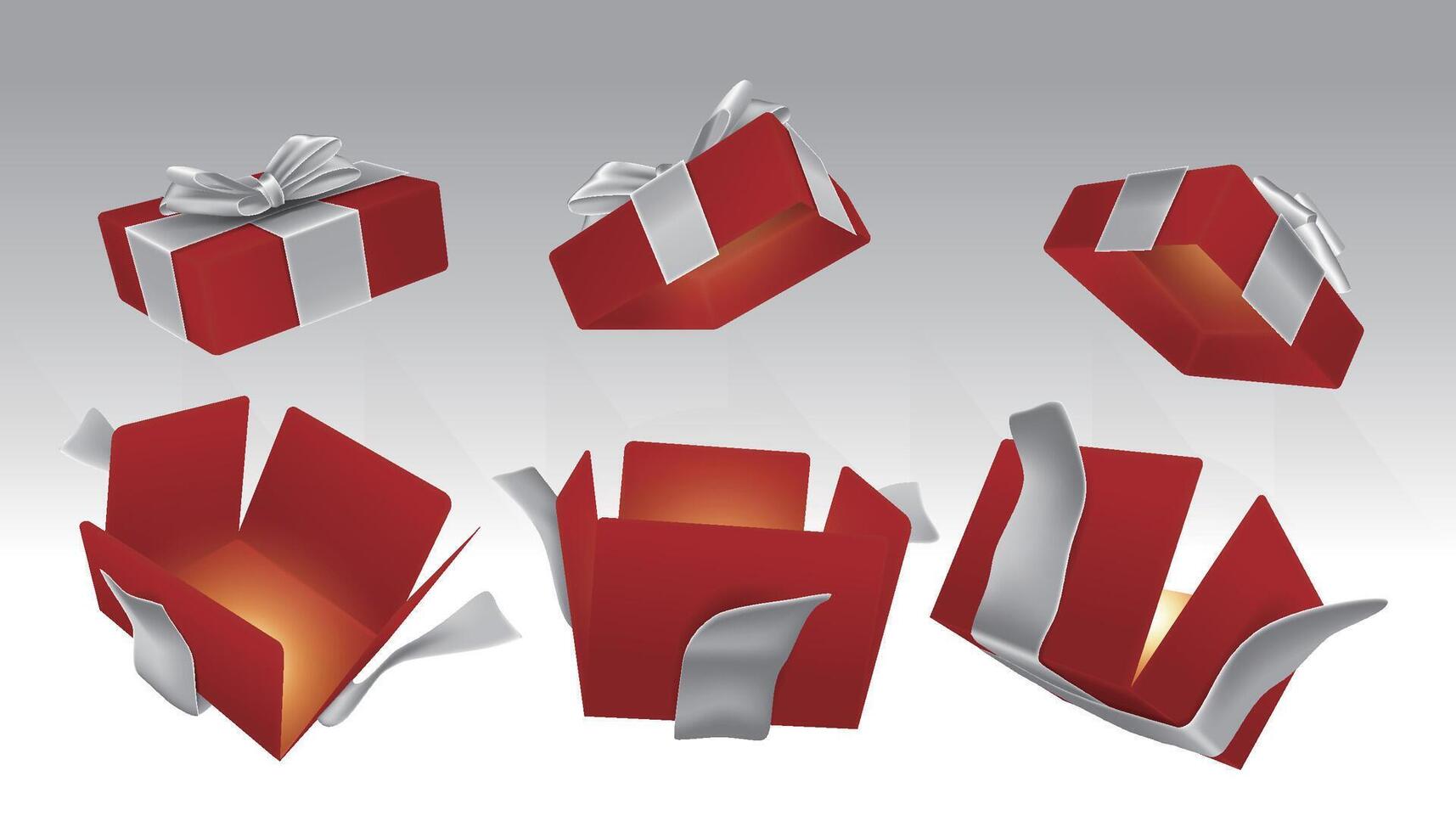 A set of opened red surprise boxes tied with silver ribbons vector