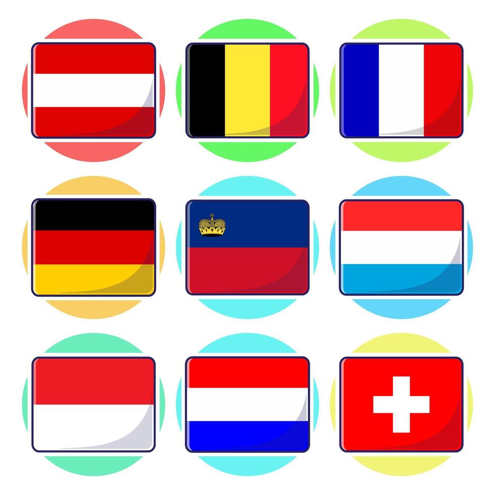 Western European countries. Flat rectangle element design, travel symbols, landmark symbols, geography and map flags emblem. vector