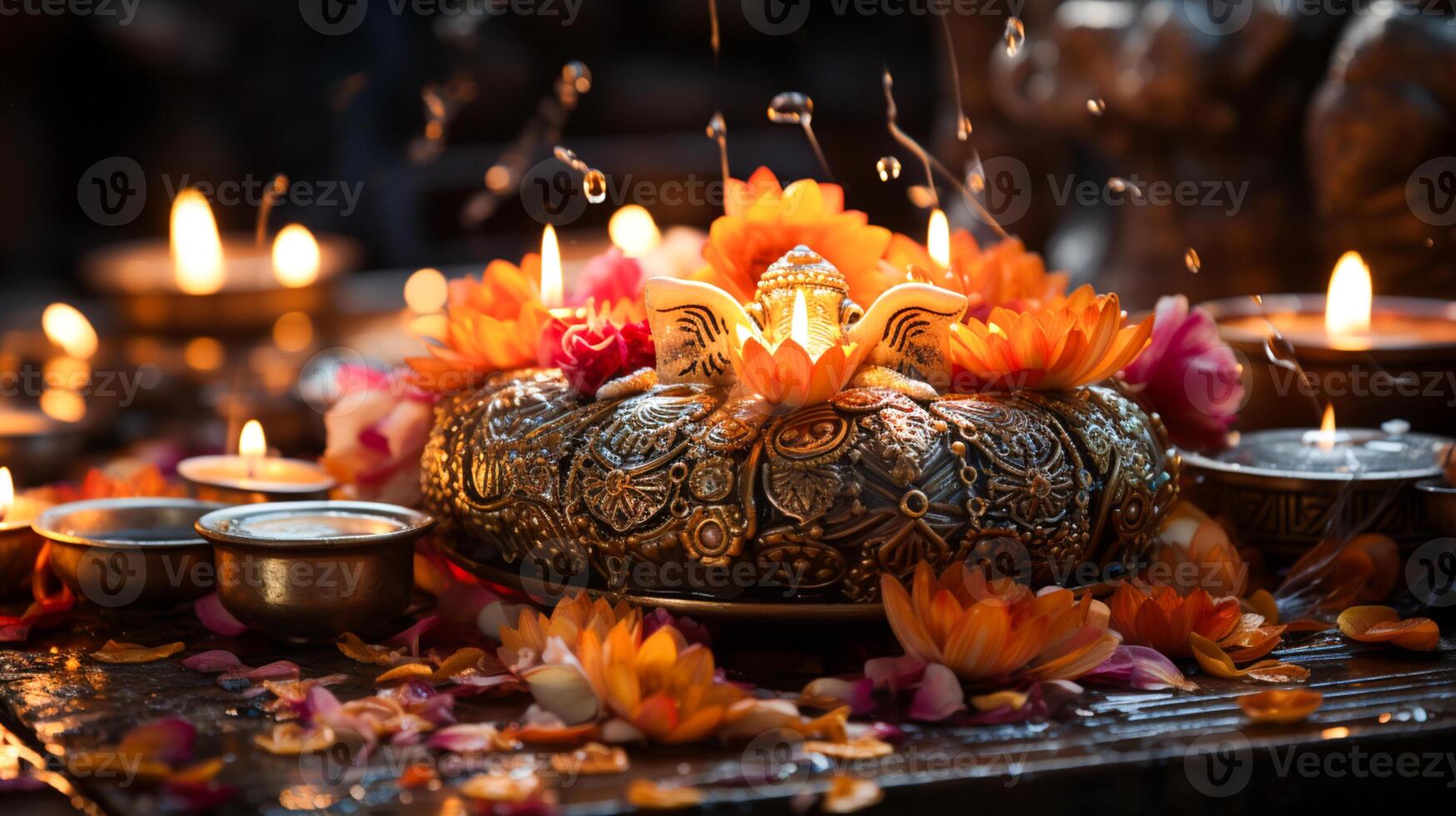 Ganesha, lotus flowers, and diyas Diwali oil lamps photo