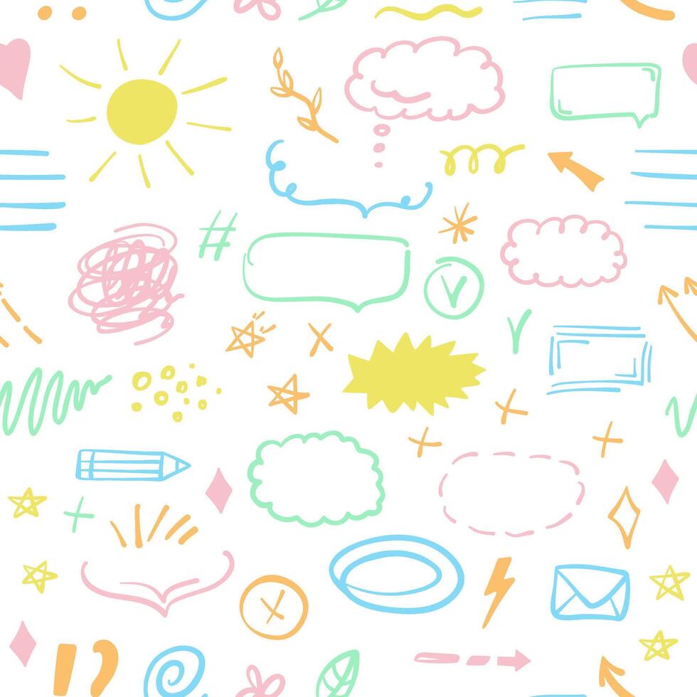 Simple sketch line style seamless pattern. Doodle cute ink pen line elements. Doodle arrow, heart, star, decoration symbol, icon. vector