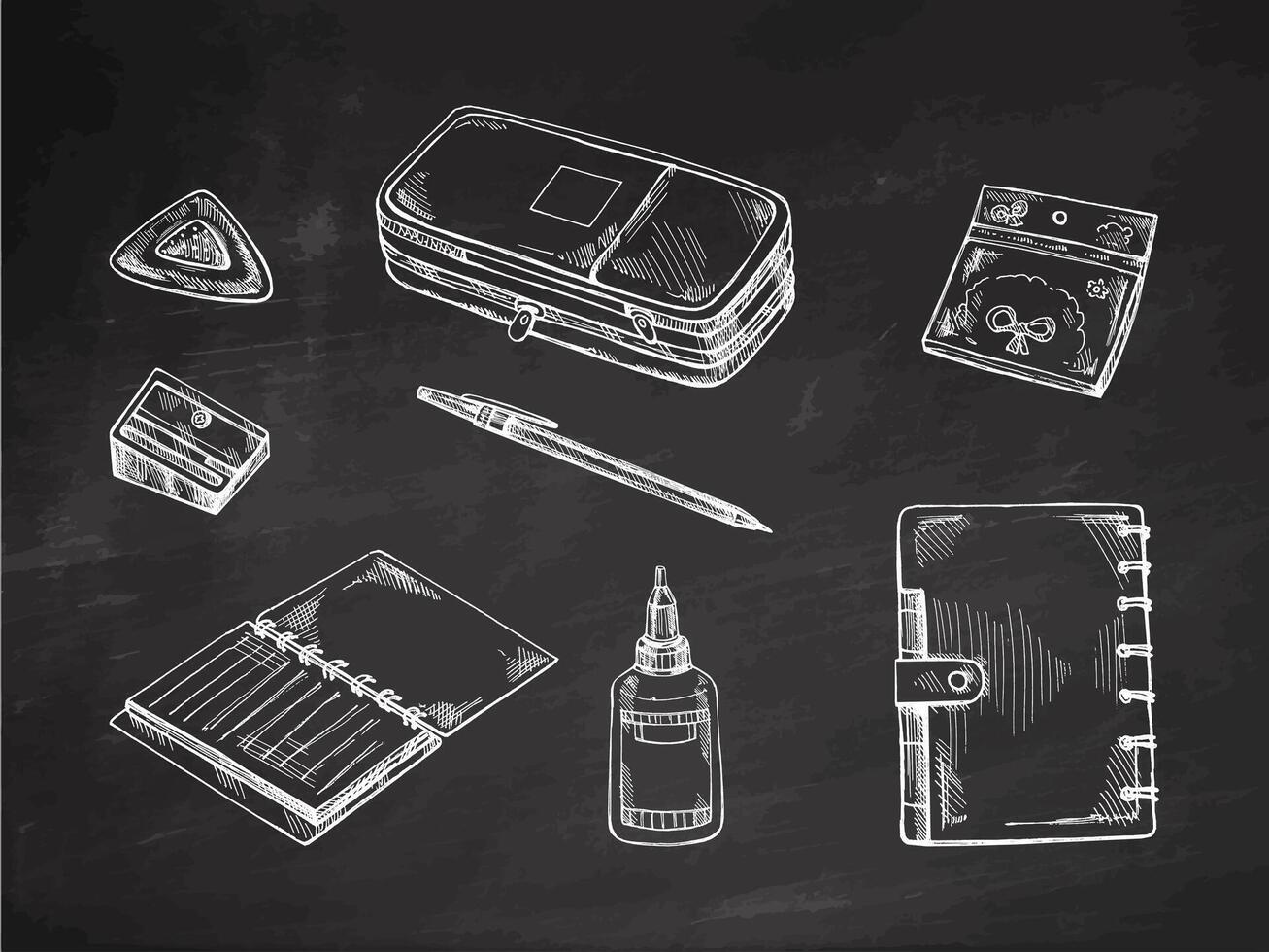 Back to School, hand drawn school supplies - big sketch set. Doodle object collection. Education Concept. Vintage sketch elements on chalkboard background . Back to School. vector