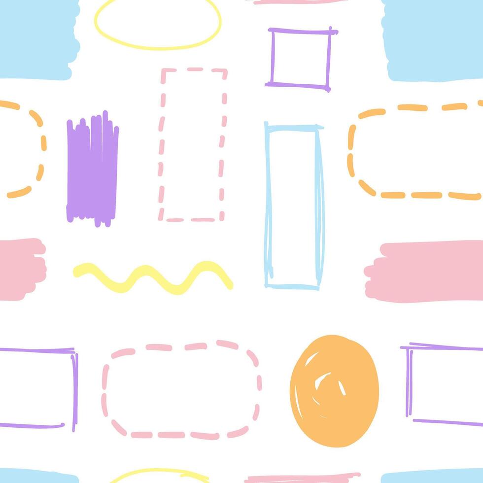 Hand-draw seamless pattern. Scribble elements. Circle, box, oval, square, wave, line, rectangle. Brush pen, line stroke vector