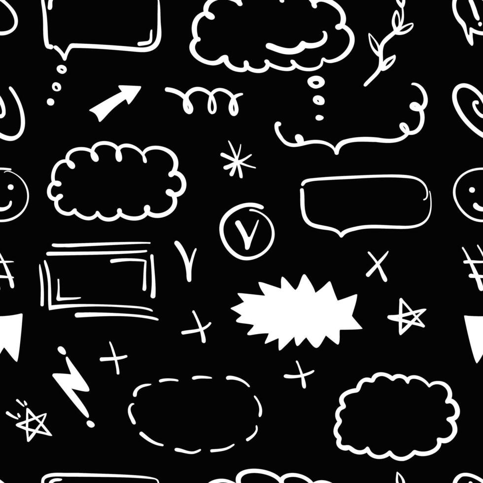 Simple sketch line style seamless pattern on chalkboard background. Doodle cute ink pen line elements. Doodle arrow, heart, star, decoration symbol, icon. vector