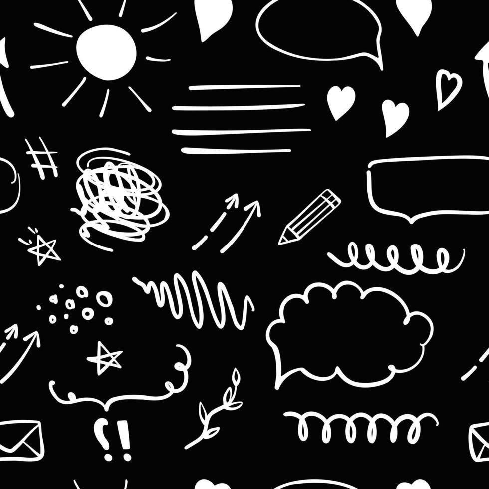 Simple sketch line style seamless pattern on chalkboard background. Doodle cute ink pen line elements. Doodle arrow, heart, star, decoration symbol, icon. vector