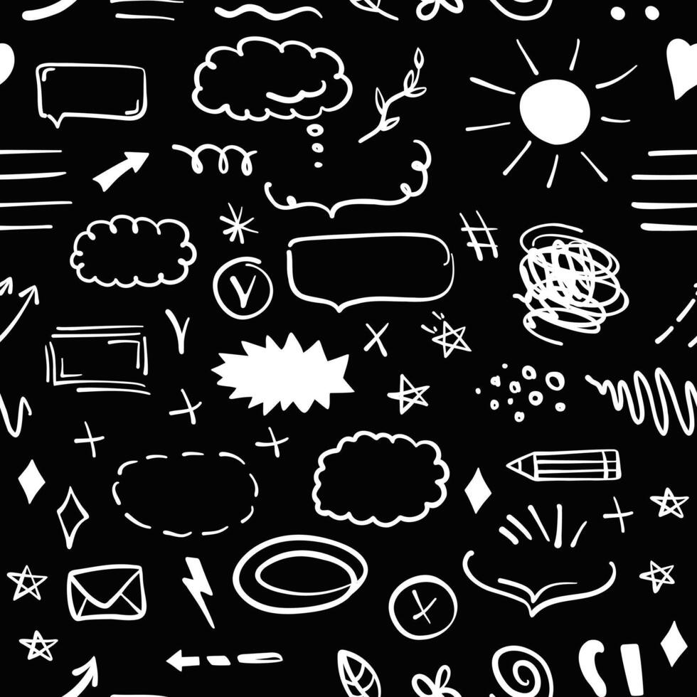 Simple sketch line style seamless pattern on chalkboard background. Doodle cute ink pen line elements. Doodle arrow, heart, star, decoration symbol, icon. vector