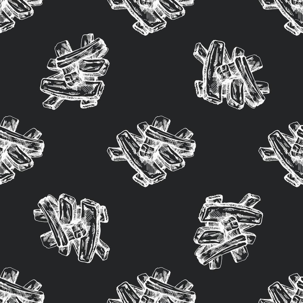 Hand-drawn seamless pattern of barbecue ribs. Doodle vintage illustration. Decorations for the menu of cafes and labels. Engraved image on chalkboard background. vector