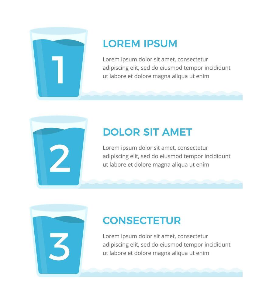 Three glasses with water with numbers vector