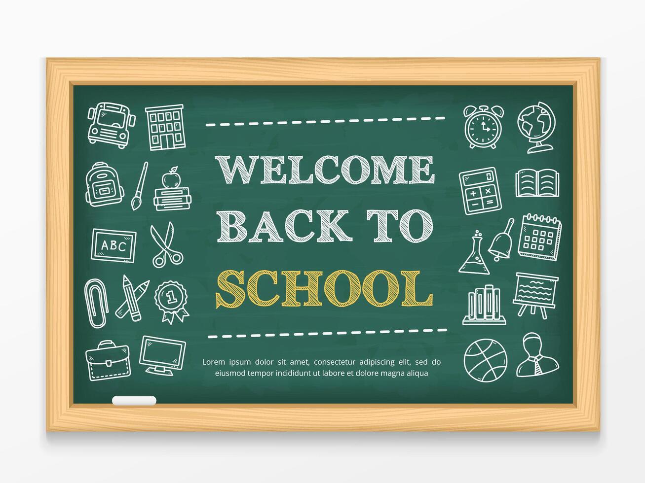 Welcome back to school text and hand drawn icons on blackboard vector