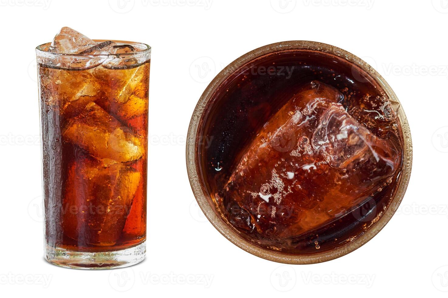 Cola in glass with ice front and top view isolated on white background. have clipping path photo