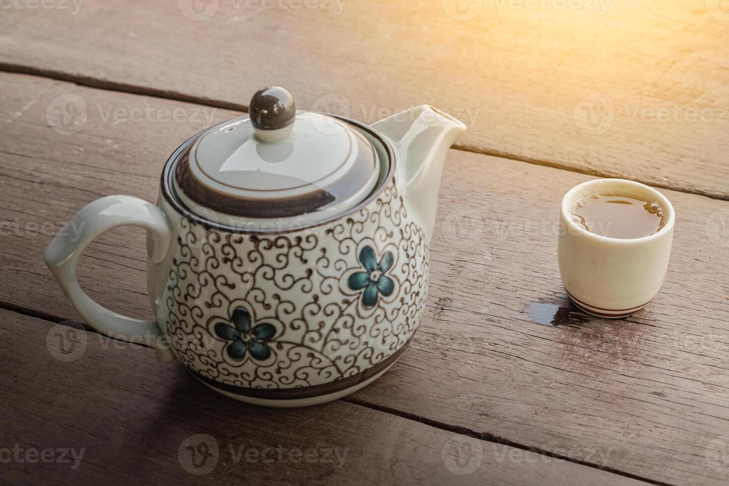 Hot tea, Tea cup with pot on wood table photo