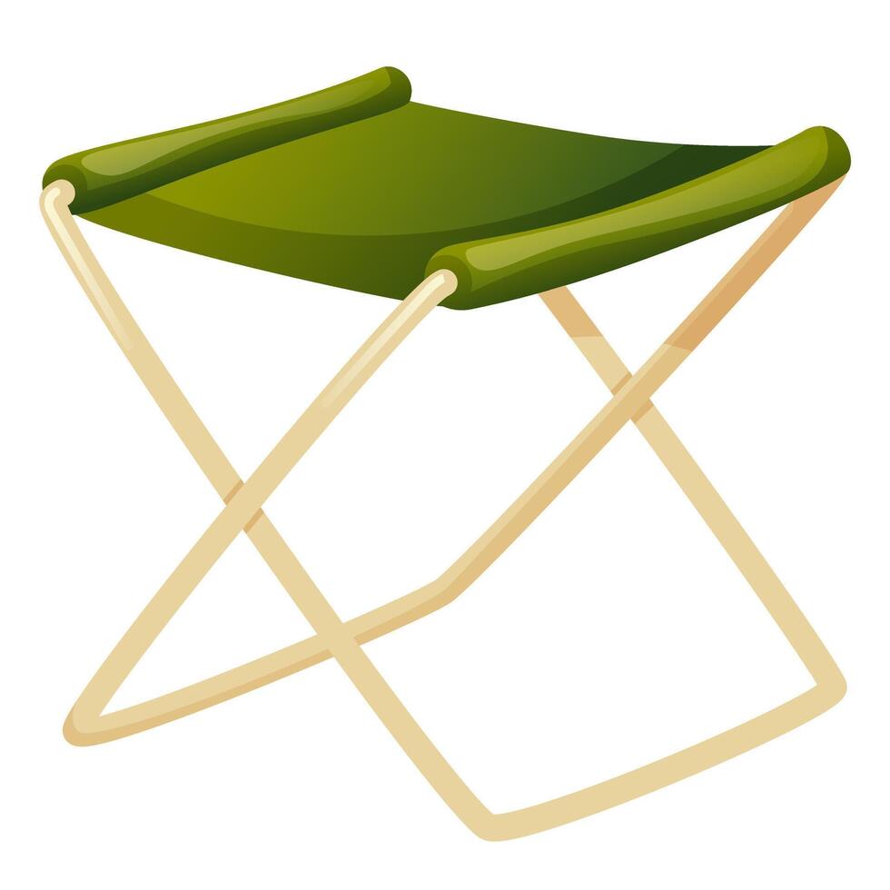 Tourist folding chair green. Tourist equipment, travel attribute. Folding camp chair, for outdoor recreation, camping, travel. Cartoon illustration of a folding chair on a white background vector