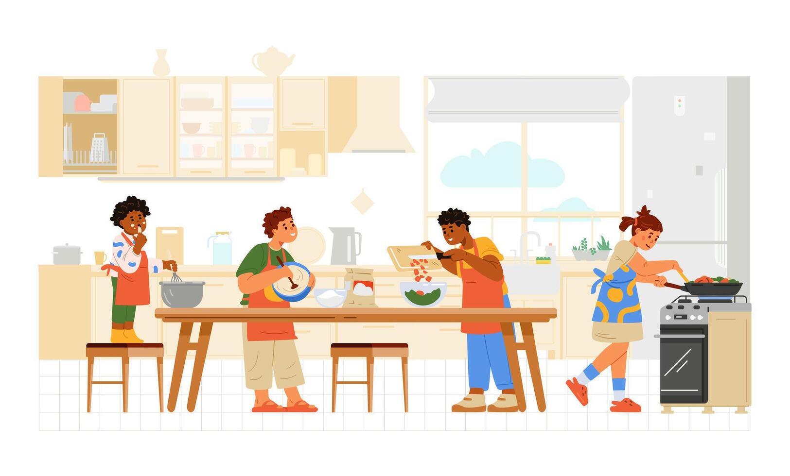Children of different age and ethnicity cooking together in the kitchen flat illustration. Kids in aprons making dinner. vector