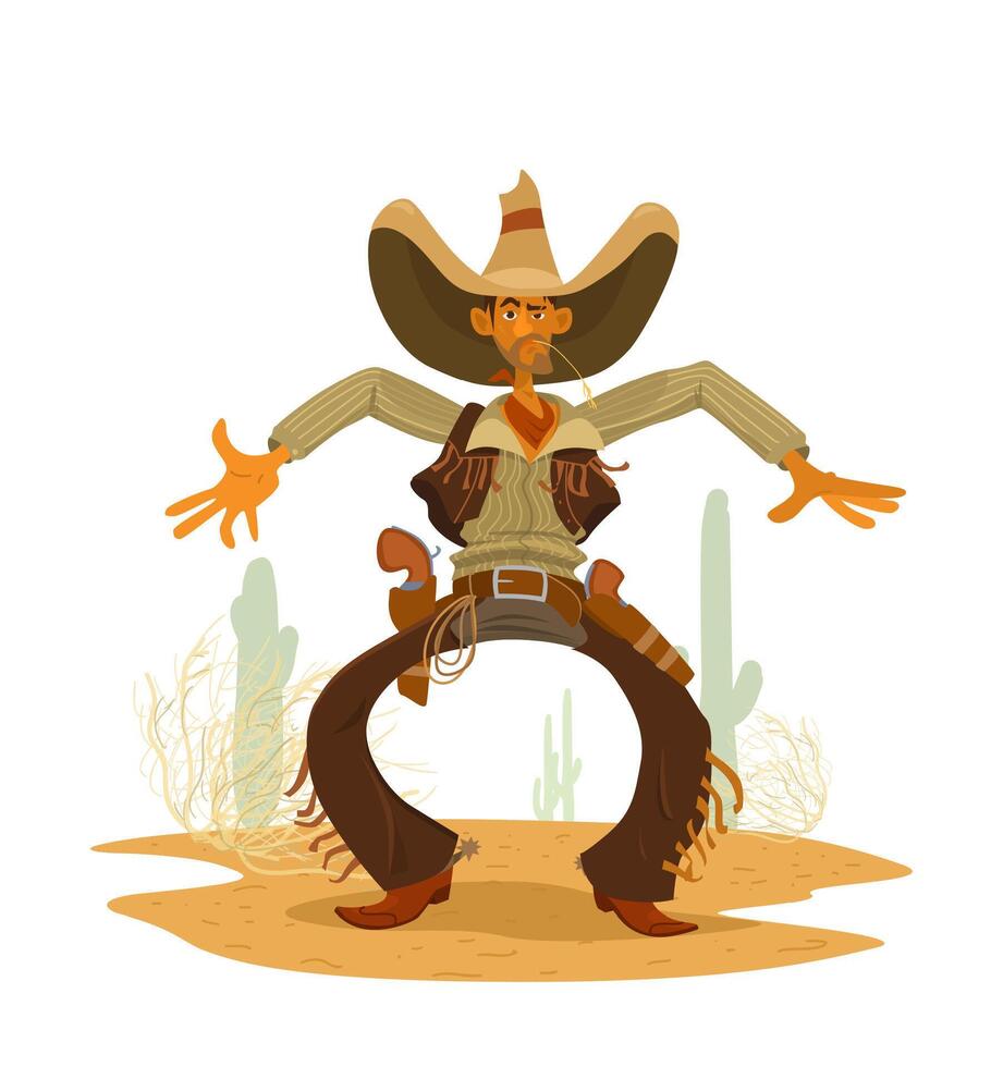 Funny cawboy wearing big hat, bandana, leather pants with fringe and waistcoat, big revolvers in holster. Prairie landscape with cactuses and rolling stone. cartoon character. vector