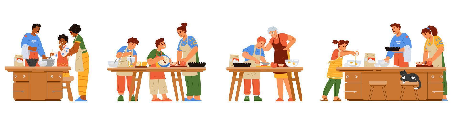 Families cooking together flat illusreations set isolated on white. Parents and grandparents preparing food together with children. vector