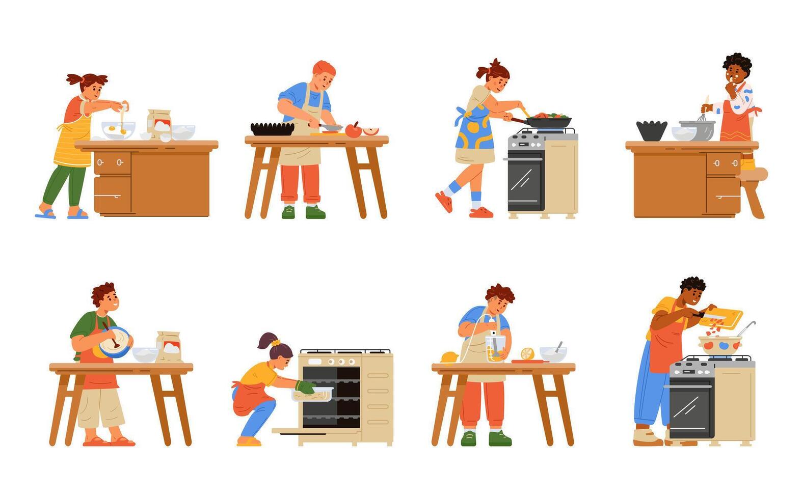 Different kids cooking flat illustrations set isolated on white. Children in aprons making dough, soup, frying, cutting, using stove. vector