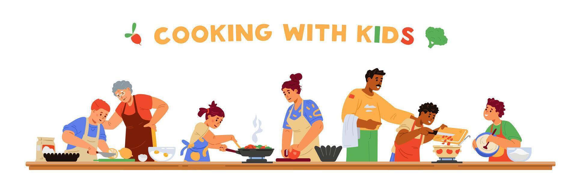 Cooking with children horizontal banner. Different age and race children in aprons cooking together with adults. Making dough, making pies, soup, frying. Kids cooking class. vector