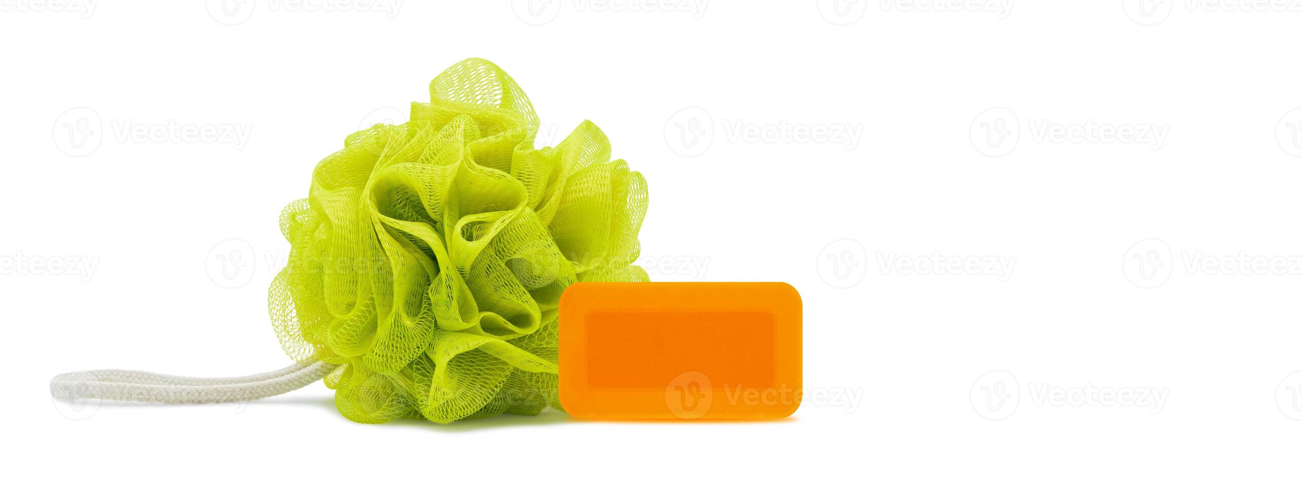Bath fiber with soap for body scrub on white background. Clipping path included. photo