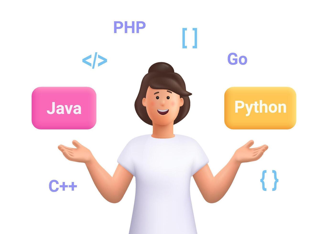 sonriente mujer programador o eso especialista escoger programación idioma, guiones. software desarrollo, programación y codificación. 3d personas personaje ilustración. dibujos animados mínimo estilo. vector