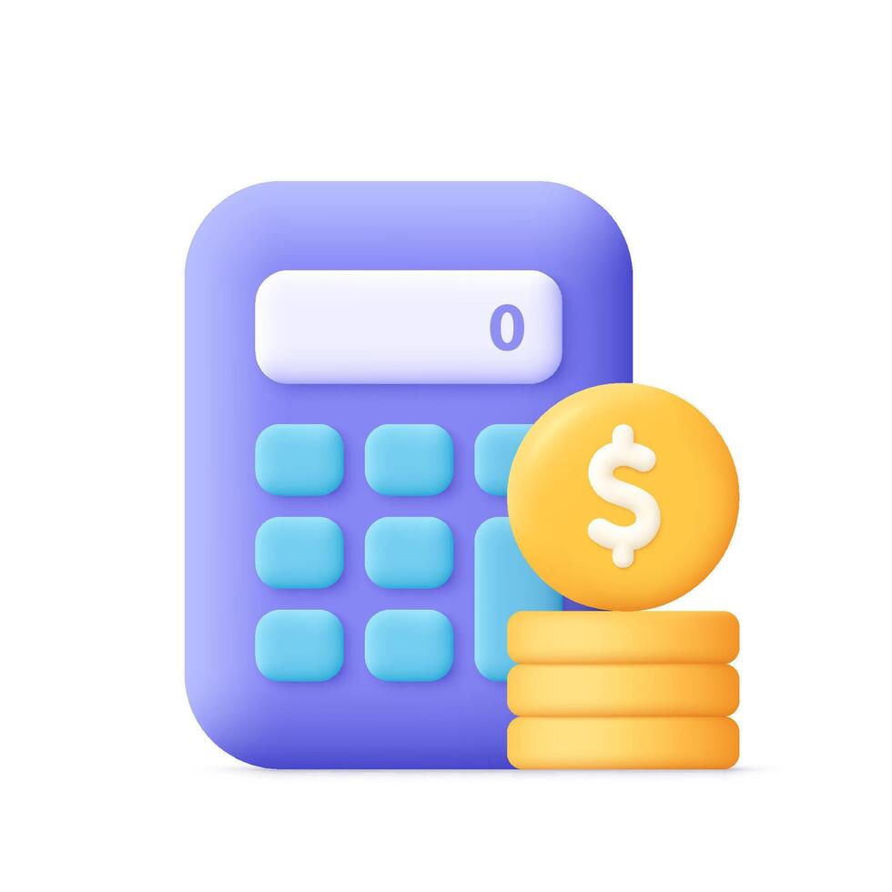 Calculator and coin money stack with dollar sign. Business, finance, accounting, tax and budget planning concept. 3d icon. Cartoon minimal style. vector