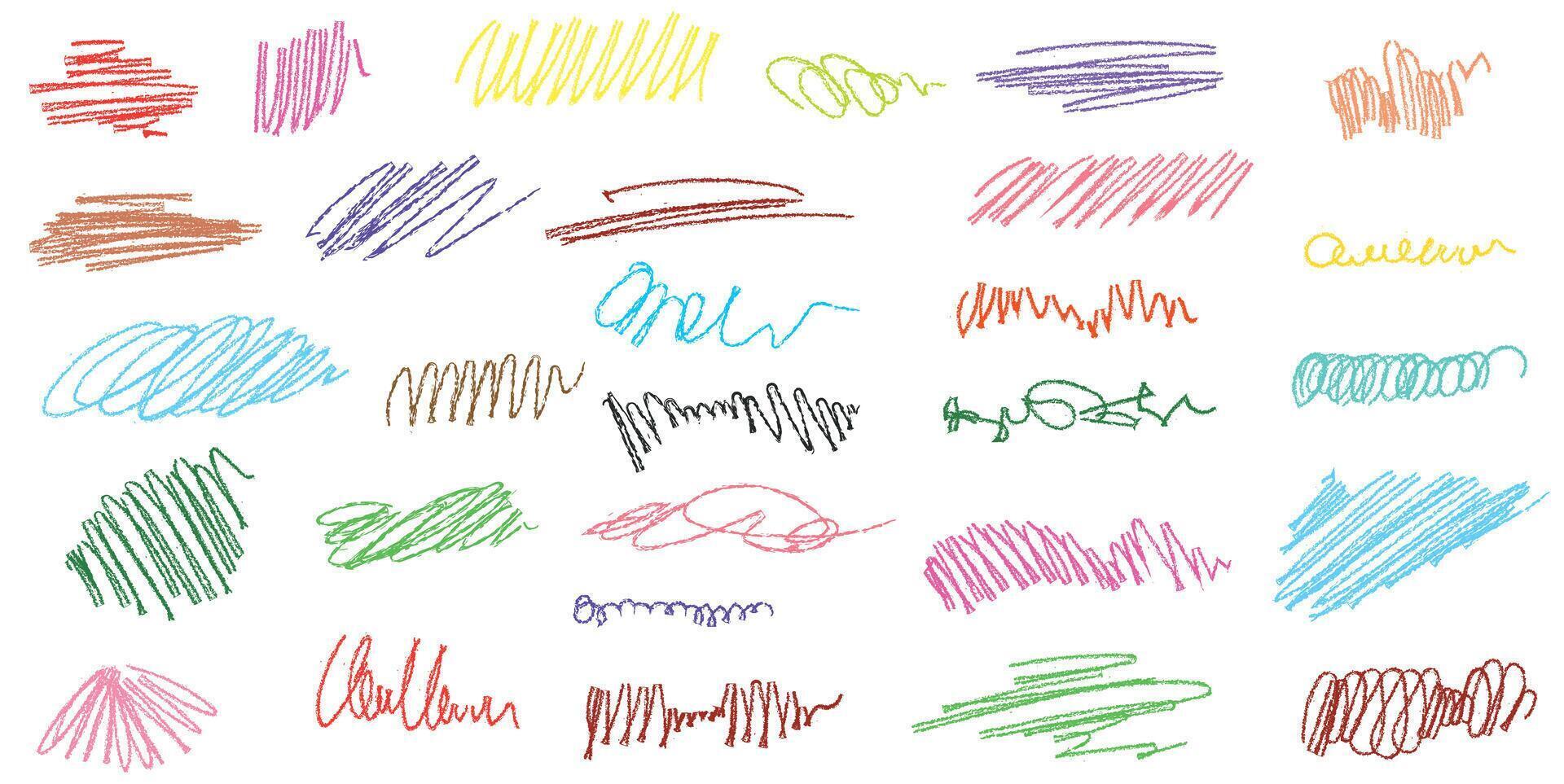 Crayon doodles. Grungy hand drawn scribbles, crayon hand-drawn strokes, scrawls. Set of colorful grunge elements. Childish collage. vector