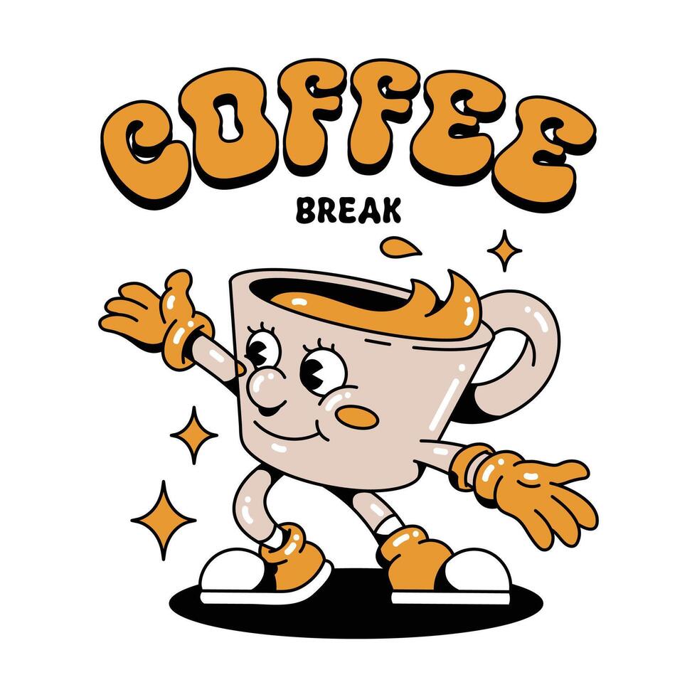 Hand drawn character Of Coffee Break Pose Retro Cartoon Groovy Style vector