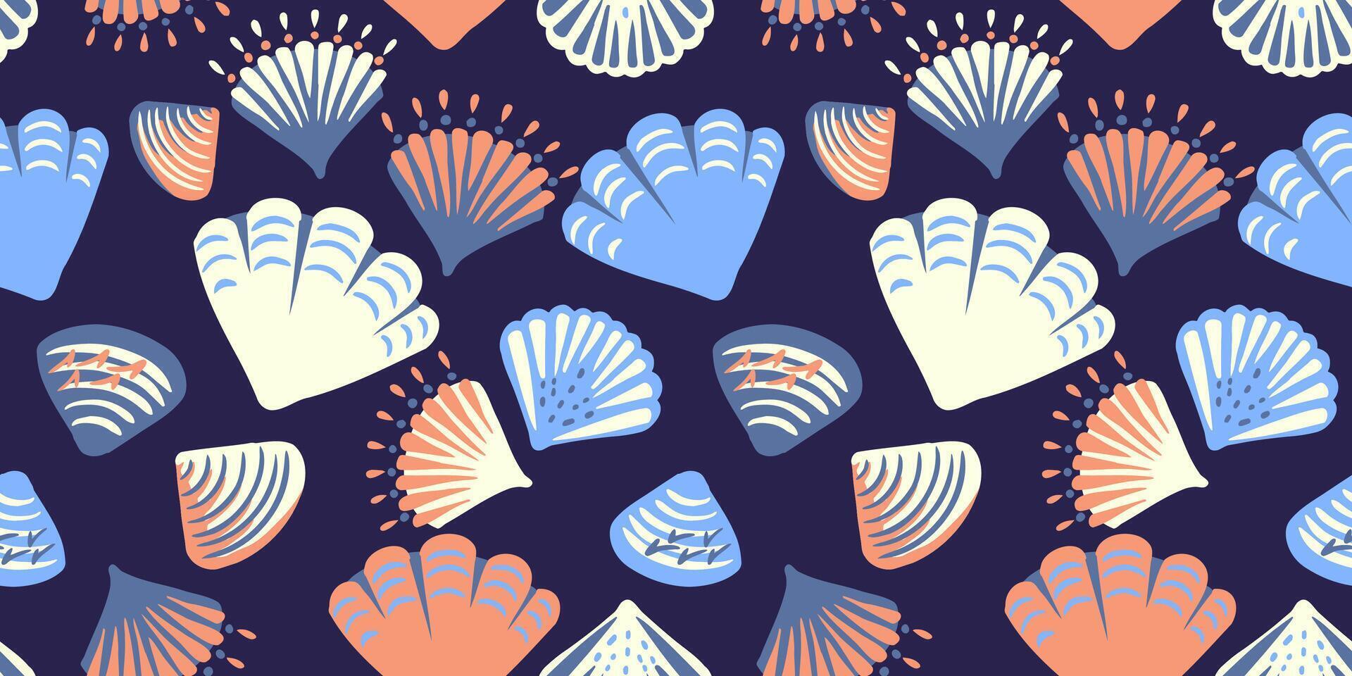 Colorful seamless pattern with abstract artistic shapes sea shells on a dark blue background. Creative summer tropical marine printing. hand drawing sketch.Template for designs, notebook cover vector