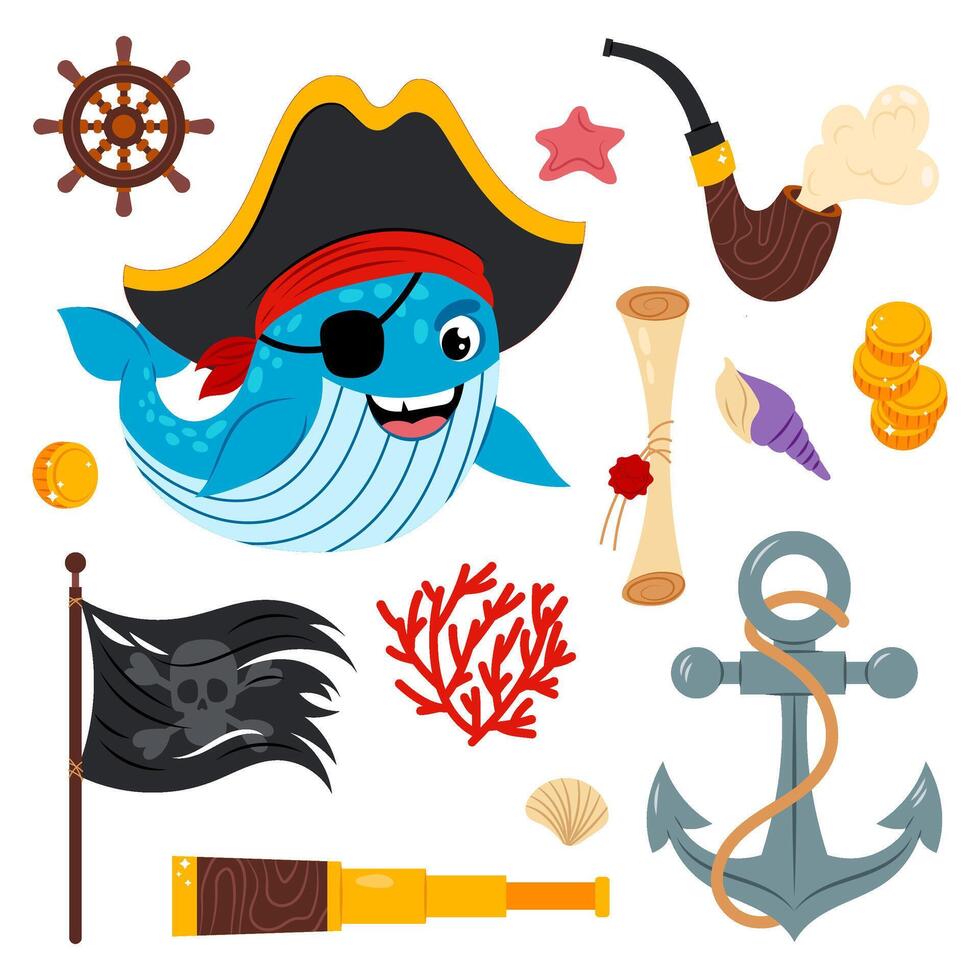 Cartoon set whale in a pirate costume with different items. Whale in flat style. Sea animals for kids. Baby character on a white background. vector
