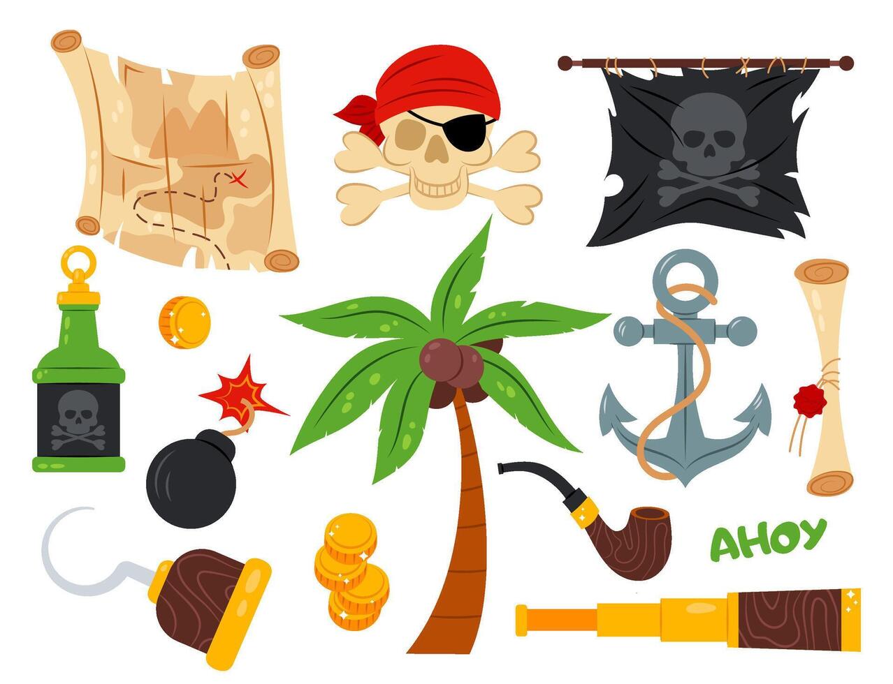 Pirates. Set of different pirate items in flat style on a white background. Cartoon illustration. Palm tree, pirate flag, ship anchor and more. vector