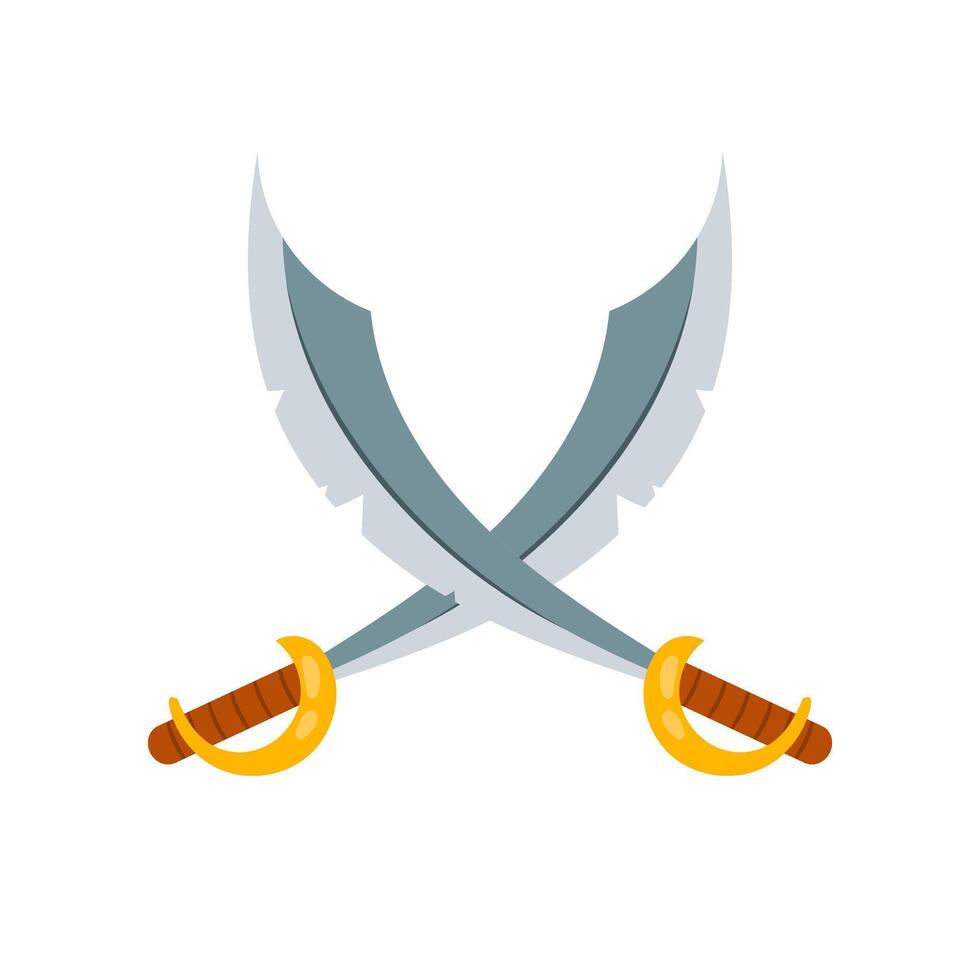 Crossed pirate sabers in flat style. Weapon. Cutlass. Cartoon pirate sword on a white background. Crossed pirate sabers isolated object. vector