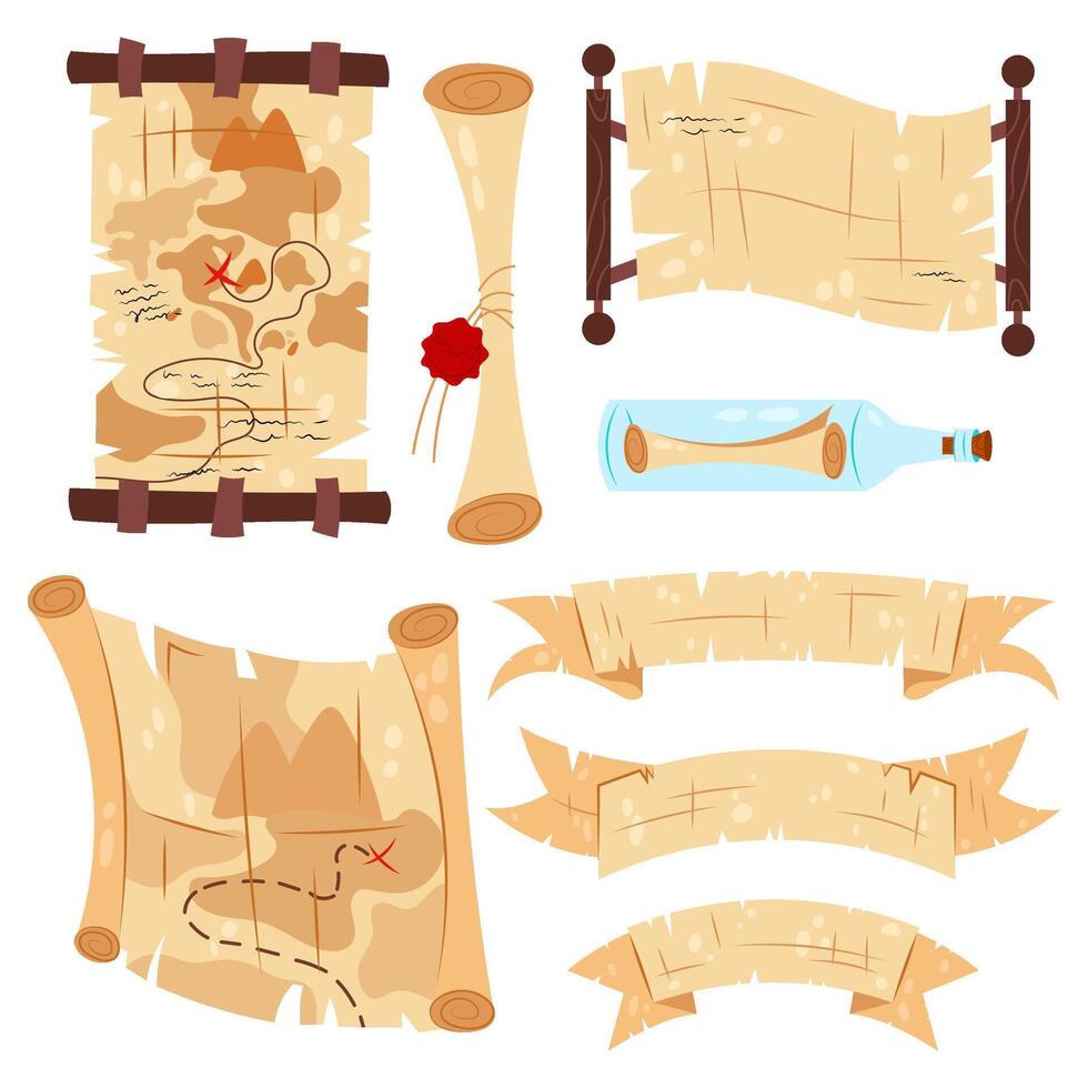 Set of historical maps. Parchment, papyrus. Cartoon treasure map. Inscription tape. Old parchment for the lettering. Banner in the flat style of old papyrus. Set of illustrations in flat style. vector