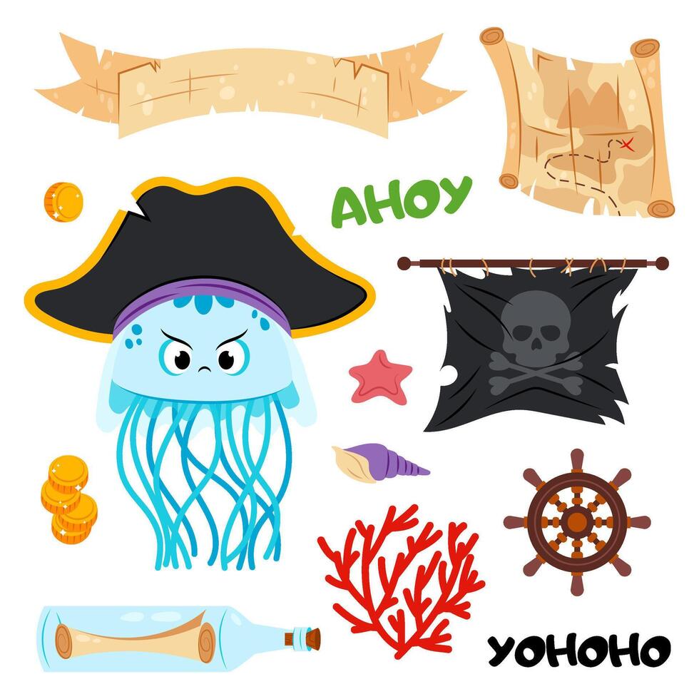 Cartoon jellyfish pirate in flat style on a white background. Sea creatures. Set of illustrations with a funny jellyfish and decorative items. vector
