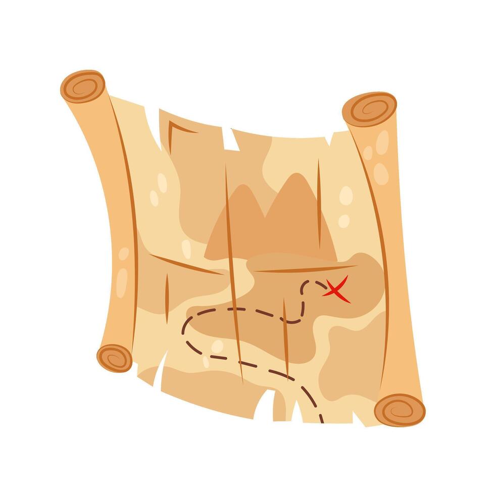 Cartoon treasure map in flat style. Pirates map. Old map. Cartoon kids illustration of card on white background. vector