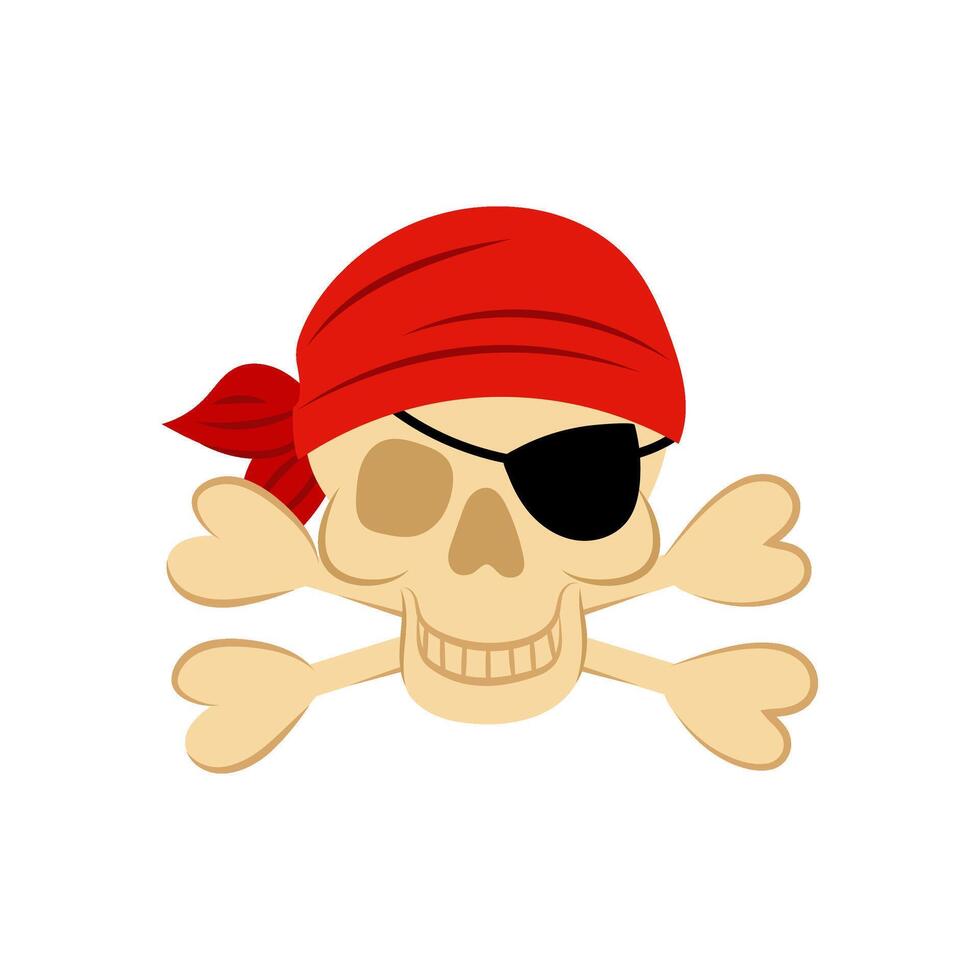 Skull of a pirate with red bandana in flat style. Human bones on white background. Cartoon symbol of a pirate. vector