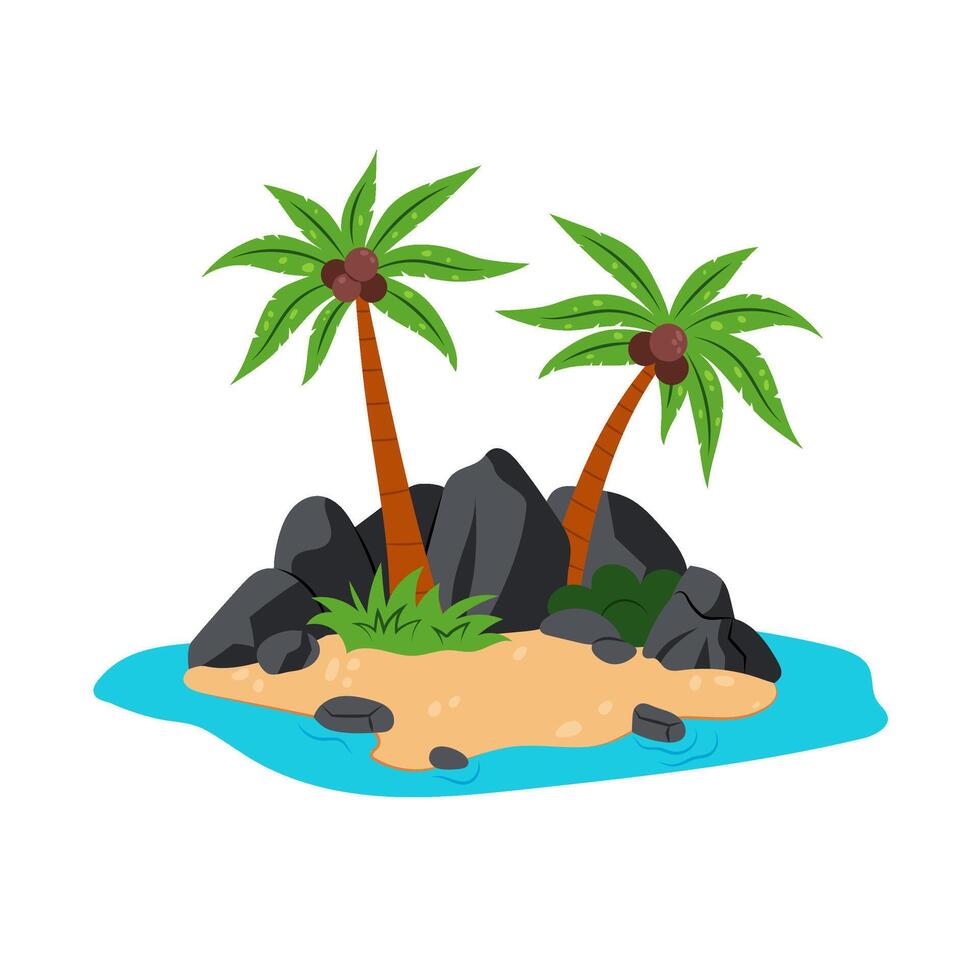 The Island. An uninhabited island with palm trees and rocks. A land in the middle of the ocean. Cartoon illustration in flat style. Kids illustration of an island. vector
