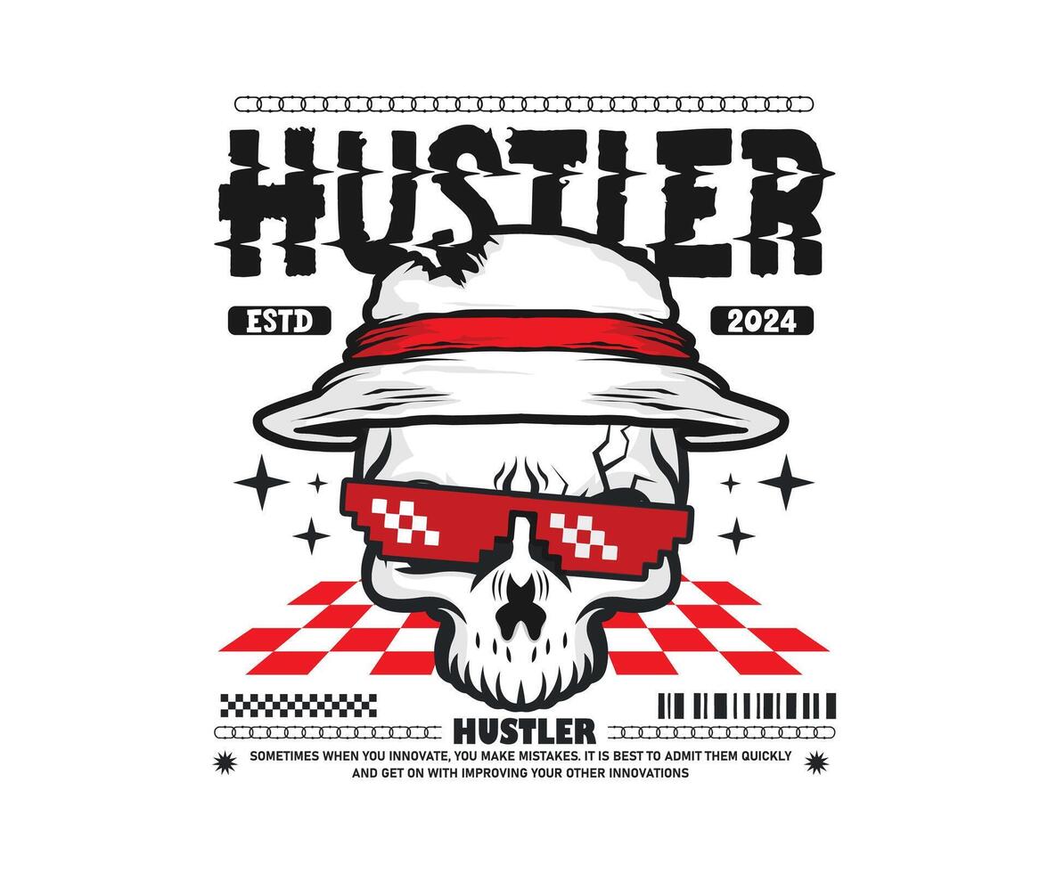 hustler slogan with skull wearing glasses in vintage style. illustration graphic design for t shirt, streetwear, apparel design, and urban style vector