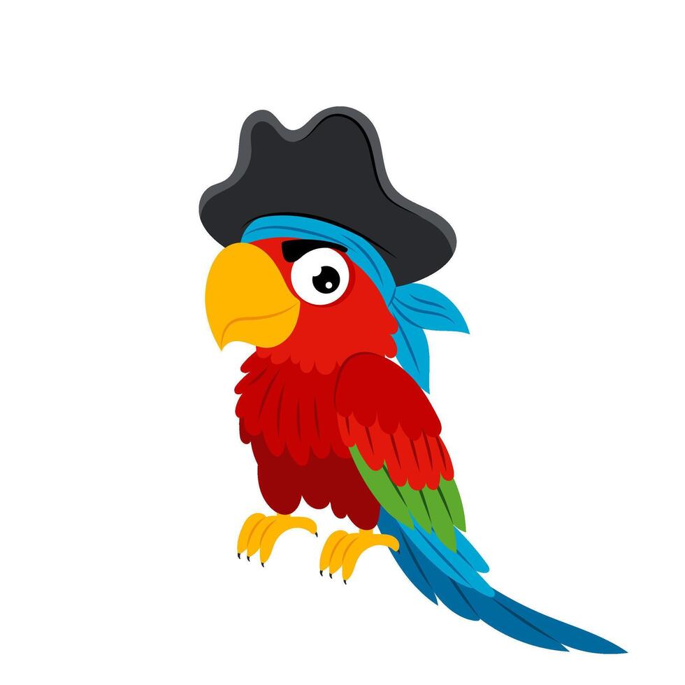 Parrot. Parrot pirate in flat style. Cartoon tropical bird. Red parrot with pirate hat. Kids cartoon character. vector