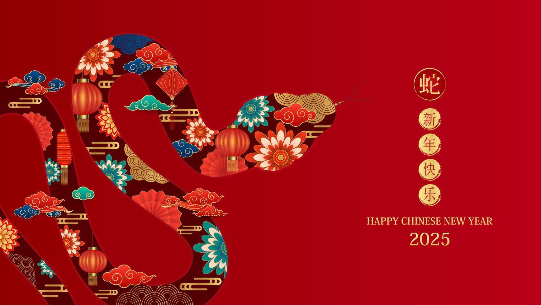 Happy Chinese New Year 2025. Snake zodiac with lanterns cloud on red background for card design. China lunar calendar animal. Translation happy new year 2025, year of the snake. . vector