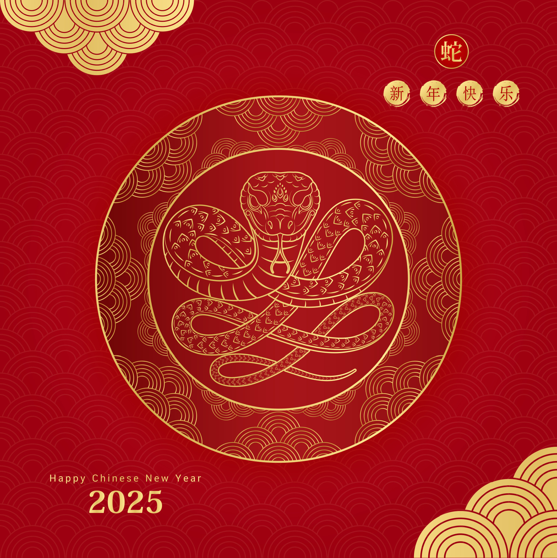 Happy Chinese New Year 2025. Golden snakes zodiac on red background for card design. China lunar